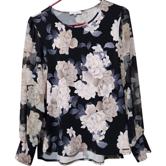 Calvin Klein Top Size Small Black Floral Sheer Sleeves - Picture 1 of 15